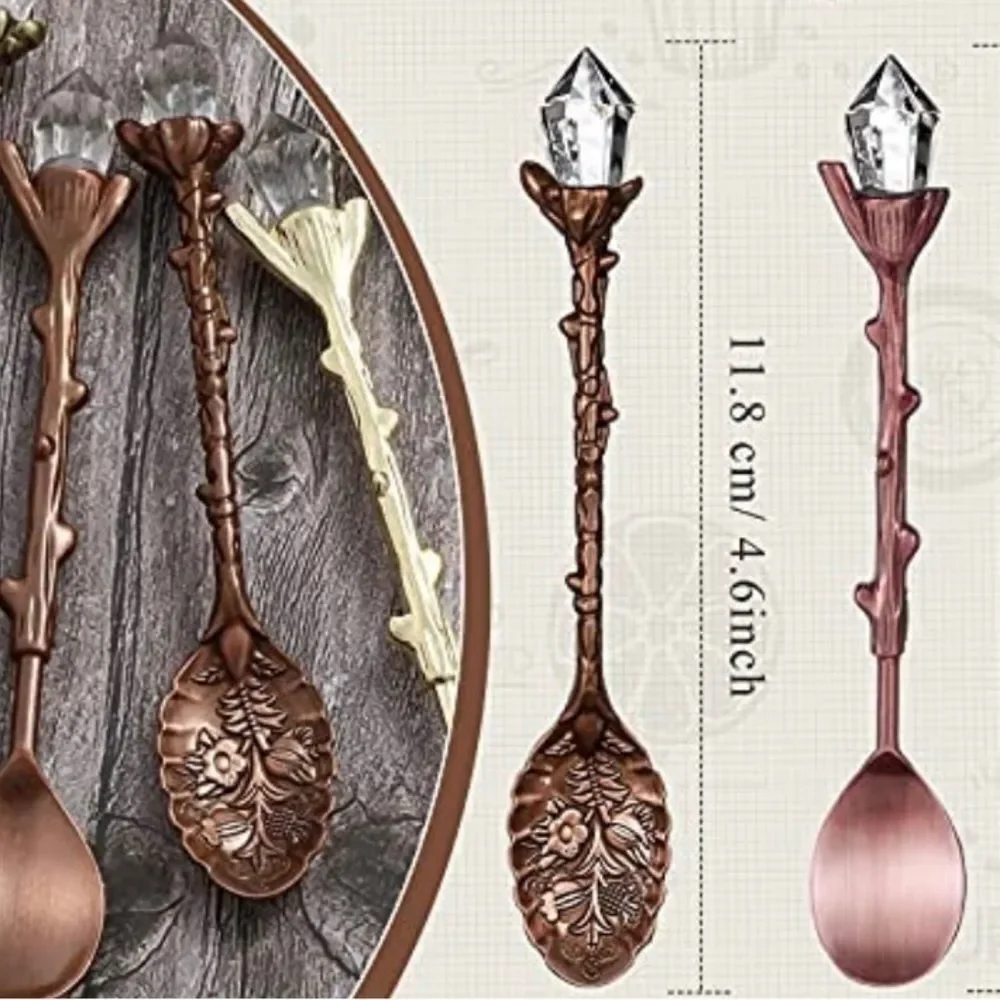 4 copper tone Retro Coffee Spoons Crystal Alloy Spoons Vintage Carved Coffee …